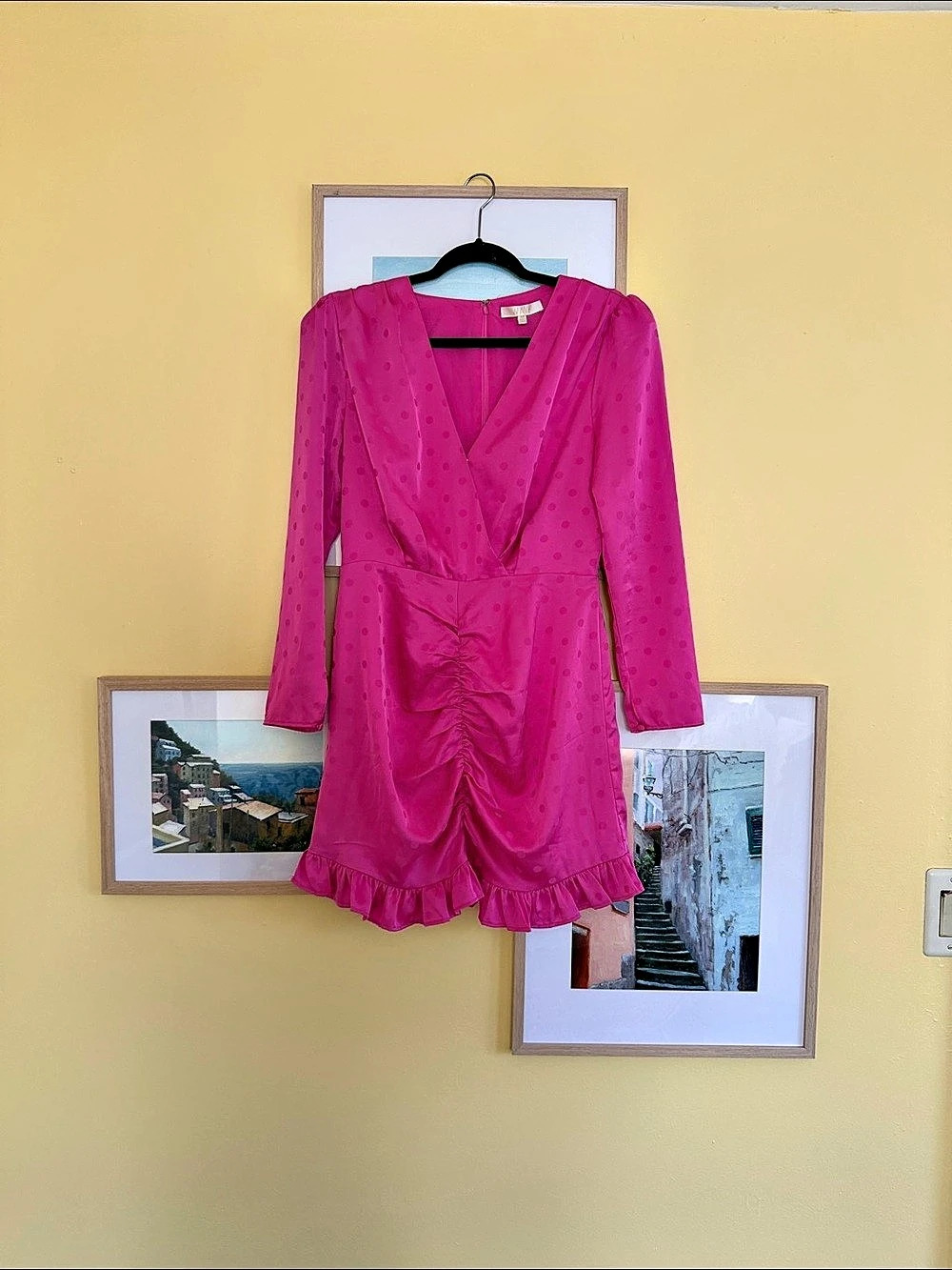 WAYF Hot Pink Polka Dot Ruched Romper Size M Long Sleeve Ruffle